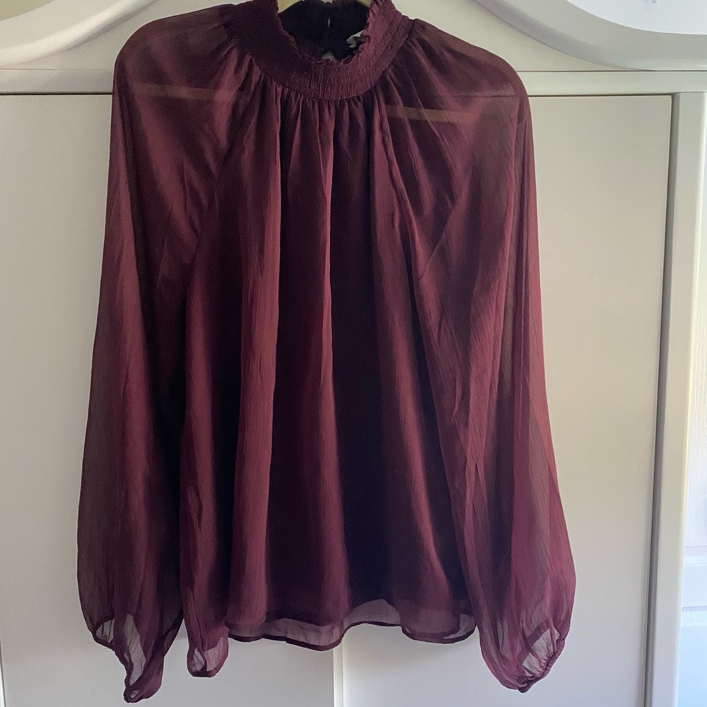 Joie Wine Long Sleeve Pleated Blouse with Mandarin Collar vintage look